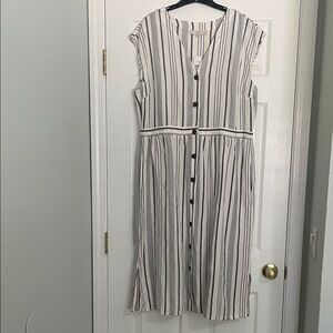 LOFT Navy and White Linen Striped Midi Dress